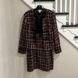 Women Black 2 Piece Tweed Style Suit with Midi Dress Size 14